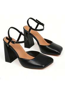 High Heels For Women Chunky Heels Closed Square Toe Block Heels Ankle Strap Pumps Wedding Party Shoes - PU đen - Xem 5