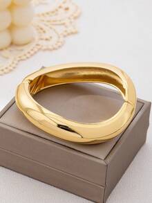 3pcs/Set Minimalist Gold-Tone Asymmetrical Water Drop Thick Textured Bangle Bracelet Set, Suitable For Women, Chunky Smooth Matte Heavy Metal & Zinc Alloy Material - Yellow Gold - View 4