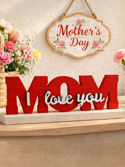 1pc Red MOM I Love You Letter Decorative Tabletop Ornament Romantic Mother Day Style Standing Word Sign Heart Love Detail Modern Family Appreciation Display Accent For Living Room Bedroom Office Desk Shelf Party Celebration Gift For Mom Home Decoration