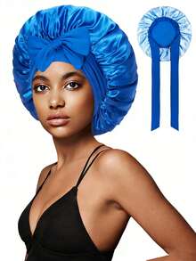 Double Layer Satin Sleep Cap With Bowknot Ribbon | Wide Brim, High Elasticity, Stretch Fit, All-Season, Lightweight, Fabric For Women. - Color - View 17