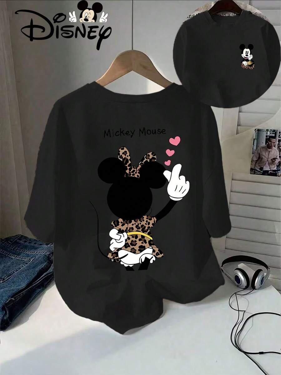Disney Minnie Mouse, Leopard Print, Double-Sided Print, Heart Print, Disney T-Shirt, Graphic Tee, Summer T-Shirt, Women's Top, Oversized Fit, Retro Style, Fashion Casual, New Arrival, Crew Neck, Disney Merch - Black - View 1