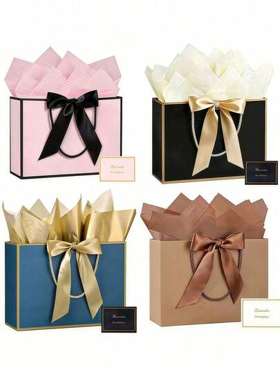 Geschenktüten-Set, inklusive Geschenktüten mit Schleifen-Griffen, Geschenkpapier und Grußkarten. Tragbare Schleifen-Griff Papiertüten geeignet für Brautjungferngeschenke, Geburtstage, Hochzeits-Willkommenstüten, Team-Geschenke, kleine Anlass-Geschenktüten, Muttertag und Vatertag.