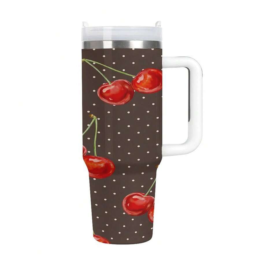 1 Piece Dark Brown Polka Dot & Cherry Print Car Tumbler, For Retro Sweet & Cool Style Enthusiasts, Insulated & Leak-Proof & Portable, Stunning Design, Ideal For Retro Outfits And Gifting. - trắng - Xem 1