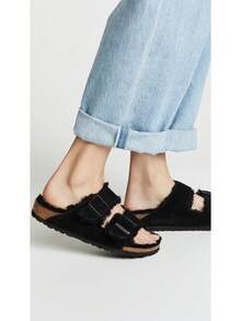 Birkenstock PU Leather Black Solid Shearling Lined Casual Women's Flat Sandals - 黑色 - 查看 3