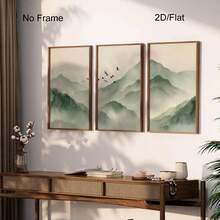 Japandi Sage Green Wall Art Set Of 3, Minimalist Japanese Mountain Landscape, Birds Zen Office Decor, Japanese Minimalist Landscape Poster For Home Decoration, No Frame - Landscape - View 2