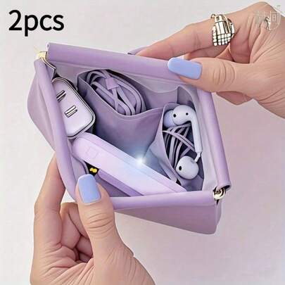 This Set Includes Two Purple (Pinkish-Purple) Zippered Storage Bags With Gold Zippers. Designed As Multi-Compartment Travel Organizers, They Are Suitable For Storing Lipsticks, Earphones, Cosmetics, And Data Cables.