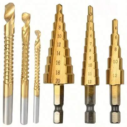 6pcs Multi-Function Step Drill Bit Set, Titanium Coated Cast Iron 4-20/12mm 3-12mm 3 6 8mm Multi-Size, One-Step Expansion Drilling, Suitable For Metal Plate, Wood, Plastic Drilling, Woodworking Installation, Pipe Operation Tools