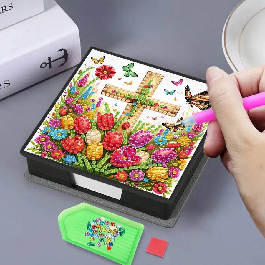 1pc DIY Diamond Art Tulip Cross Pattern, Asymmetrical Rhinestone Embedded Painting On Black Faux Leather Self-Adhesive Memo Pad Box With 160 Sheets, Ideal For Home, Office And School Supplies, Craft, Cute Stationery, Holiday Gift - View 1