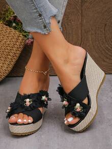 Fashionable Floral Wedge Platform Sandals, Summer Goddess Style Floral Waterproof High Heel Slip-On Slippers - Black - View 6