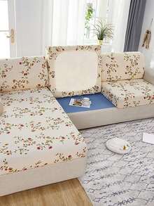 1pc Minimalist Modern Floral Print Milk Silk Elastic All-Season Removable & Washable Sofa Seat Cushion Cover - Multicolor - View 6