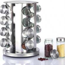 Rotating Spice Rack Set With 16 Stainless Steel And Glass Jars, Kitchen Spice Organizer - Silver - View 3