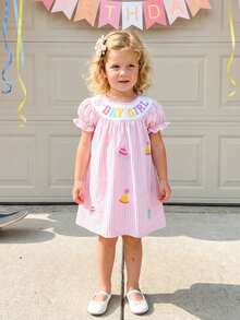 Toddler Baby Girl Birthday Dress Striped Cake Letter Embroidered Short Sleeve Crewneck A-Line Princess Dresses Cute Smash Cake Clothes - Hồng - Xem 6