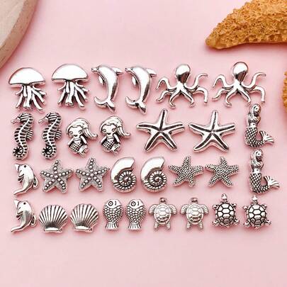 15 Styles Assorted Antique Silver Seahorse, Shell & Starfish Ocean-Themed Spacer Beads, DIY Findings For Bracelets, Necklaces & Earrings.