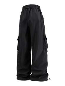 Pantalones cargo holgados de tiro alto para mujer, con múltiples bolsillos y dobladillo con cordón para uso urbano y casual en color negro - Negro - Ver 6