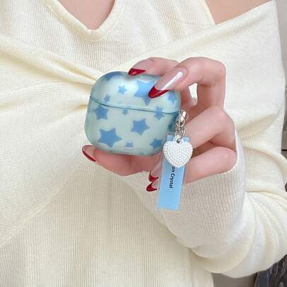 Korean Style Minimalist Translucent Blue Star & Pearl Heart Charm Earphone Case Compatible With AirPods Pro 2, Cute Apple 4 Minimalist Case For AirPods 3 New 1/2 Generation, Suitable For Women