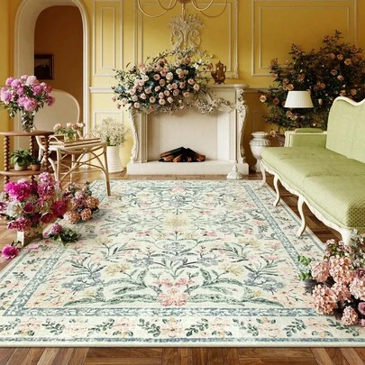 1pc Vintage Floral Patterned Rug, Soft Muted Green Color, Luxury Distressed Texture Art Carpet For Living Room, Bedroom Elegant Artistic Floor Mat, Retro Floral Artistic Home Decor Rug, Vintage Luxurious Fashion Carpet, Artistic Personalized Space Rug, Home Decor Carpet, Modern Entryway Transition Mat, Home Decor Mat, Retro Minimalist Rug, Rich In Texture, With A Modern Minimalist Yet Vintage Charm, Suitable For Entryway, Stairwell And Other Transition Spaces