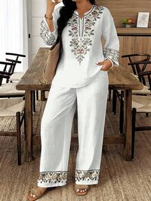1 Set Retro Woven Small V-Neck Long-Sleeve Wide-Leg Pants Women's Plus Size Set For Summer Home & Birthday Gift, With White Base Floral Embroidery Print - Nhiều màu - Xem 2
