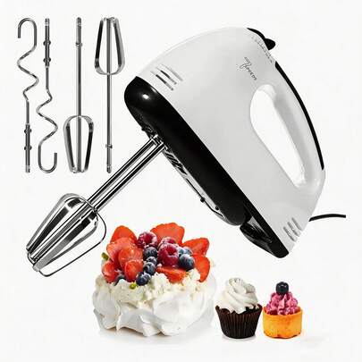 EDVELLA Batidora de mano eléctrica de acero inoxidable, batidor de huevos pequeño para repostería, mezclador de crema, pasteles y masa, 7 velocidades ajustables, con dos varillas, enchufe 110-130V, ideal para cocina doméstica, fiestas navideñas, postres y panadería casera
