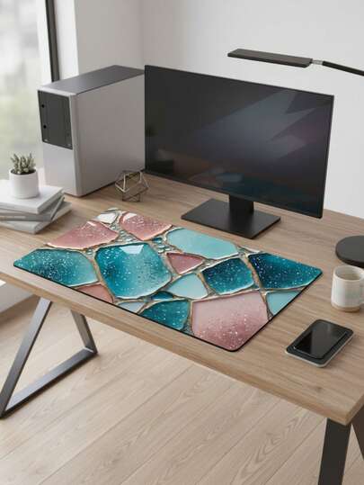 Large Size Waterproof Non-Slip Smooth Cloth Surface Mint Green And Gold Geometric Patchwork Pattern Mouse Pad, Also Suitable As Keyboard Pad, Desk Mat Or Book Stand, Suitable For Gamers, Office And Dorm Use, Compatible With Mouse And Trackball, Great Gift For Gamers, Electronics > Computer & Office > Mouse Pads & Wrist Rests > Mouse Pads