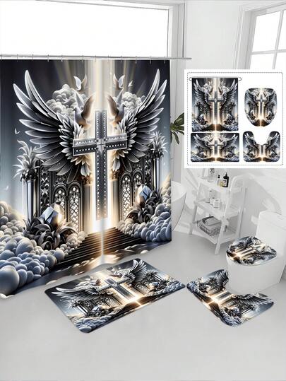 1/4pcs Silver-Winged Cross Templar Shower Curtain Set, Mysterious Luxury Style, Spring/Summer Themed Bathroom Shower Curtain Set, Includes Bath Mat, U-Shaped Toilet Mat, Toilet Lid Cover, Waterproof Shower Curtain, Fashionable Curtain For Bathroom Decor, Modern Style Bathroom Divider Curtain, No Drilling Required, Made Of Polyester, Machine Washable