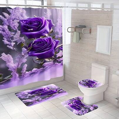 1/4 Pcs Lavender & Rose Printed Bathroom Set, Includes Waterproof Shower Curtain With Hooks, Non-Slip Bath Mat, Toilet Lid Cover, And U-Shaped Rug, Suitable For Bathroom Decor