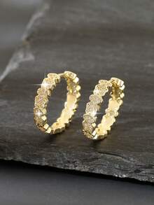 1 Pair Elegant Copper Geometric Round Hoop Earrings, Luxurious Sparkling Party & Date Night Gift For Women - Round - View 1