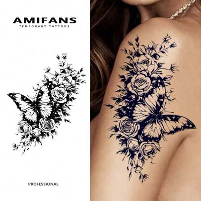 AMIFANS Tatuaje temporal de mariposa y ramo de rosas, tatuaje semipermanente, dura 1-2 semanas, tatuaje de larga duración, tatuaje de jugo, tatuaje realista, tatuaje romántico, tatuaje falso, impermeable, apariencia de tatuaje auténtico, tatuaje de diseño de nicho, tatuaje de frutas, tatuaje a base de plantas