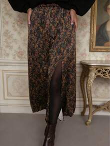 大码女式经典印花优雅缎面长裙，黑色，适合度假和春季穿着 - 黑色 - 查看 1