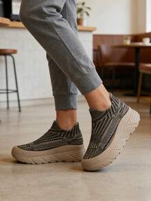 Women's Wide Toe Box Knit Sneakers With Thick EVA Platform – Fashionable Slip-On Design In Black & Beige Abstract Print – Comfortable All-Day Wear - Black Coffee - View 3