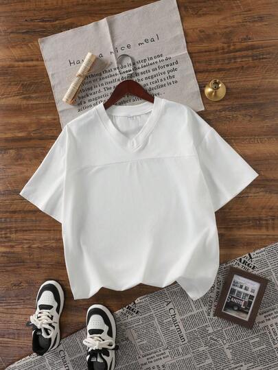 2026 Summer New Women's T-Shirt, 1pc, Casual Loose Solid Color Jersey Style Patchwork Deconstructed Design Fashion Street V-Neck Top