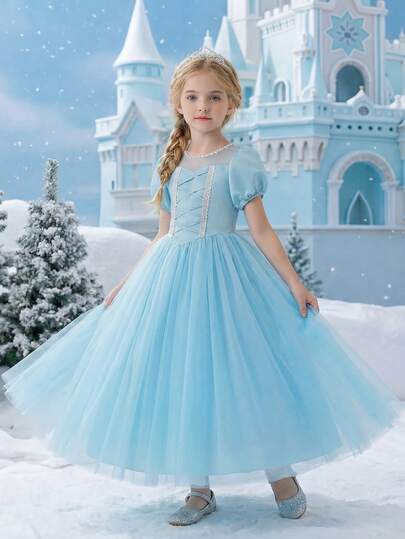 Tween Girl Elegant Round Neck Petal Sleeve Lace Trim Blue Princess Style Flower Girl Wedding Party Dress, Suitable For Graduation, Wedding, Birthday Party, Stage Performance, Gala, Vacation, Banquet, Flower Girl, Bridesmaid