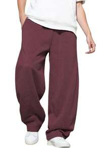 Men's Baggy Sweatpants With Elastic Waist, Casual Loose Cotton Joggers - 酒紅色 - 查看 8