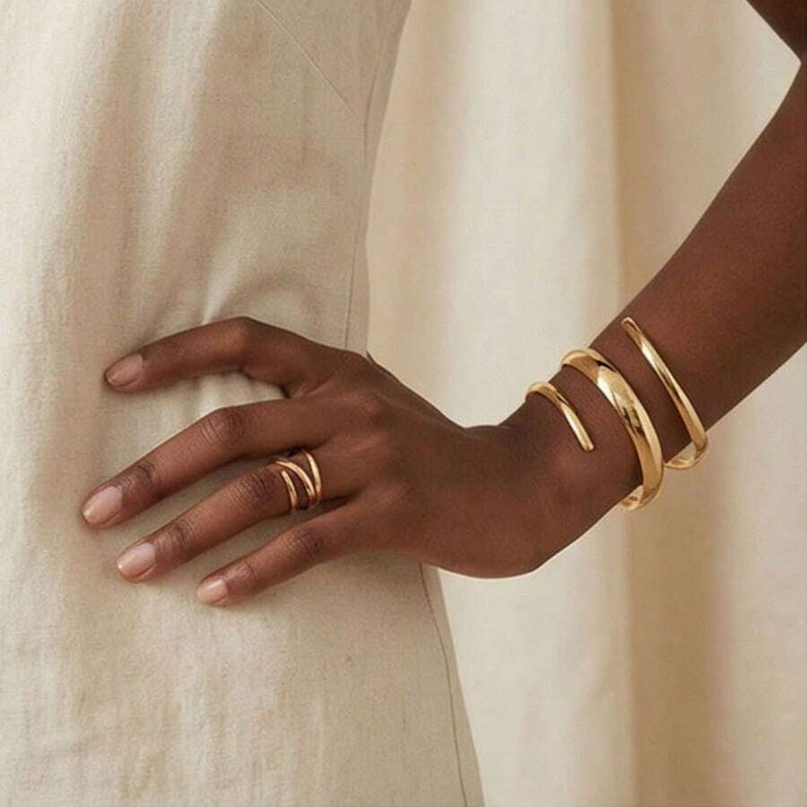Set de 2 piezas de brazalete y anillo geométrico minimalista ajustable para mujer, adecuado para vacaciones y fiestas - Multicolor - Ver 1