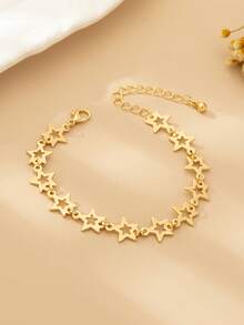 1pc Fashionable Simple Daily Bracelet, Metal Cute Star & Moon Design Women's Bracelet, Spring/Summer New Arrival, Versatile Accessory, Delicate Gift - Yellow Gold - View 5