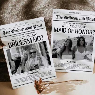 1pc Customized Newspaper Style Bridesmaid Proposal Card, Personalized Bridesmaid Proposal Card With Photo, Bridesmaid Info Card, Will You Be My Bridesmaid Card, Thank You Card, Bridesmaid Invitation, Customizable Text Card, Customized Bridesmaid Event Memento Card, Art Activity, Warm Atmosphere, Autumn Decor