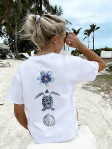 这款少女T恤印有海龟、贝壳和热带花卉图案，柔软舒适，适合女孩旅行、度假、户外活动和日常休闲穿着，是休闲旅行的最佳选择！时尚百搭的少女春夏休闲上衣。 - 白色 - 查看 3