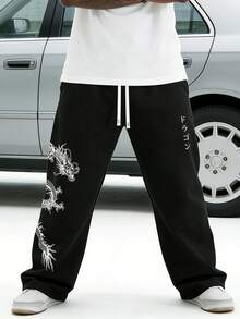 Plus Size Men's Street Collegiate Style Pants, Fall - Black - View 3