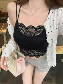 新款春夏返校季可爱性感蕾丝吊带背心，带衬垫胸部，纯色女士内衣吊带衫，休闲黑色 - 黑色 - 查看 5