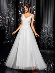 A-Line Lace Beaded Tulle Wedding Dress, Spaghetti Strap Formal Evening Gown - White - View 2