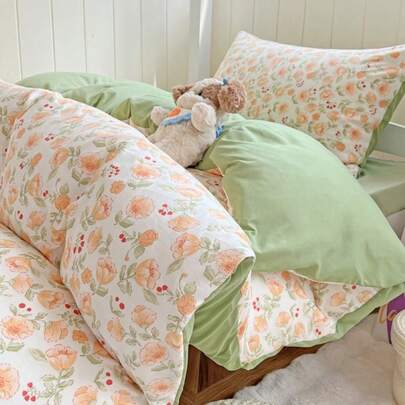 四件套鼠尾草花卉图案被套床单套装，柔软水洗美学床上用品套装，可爱植物叶子印花被套，田园风宿舍装饰