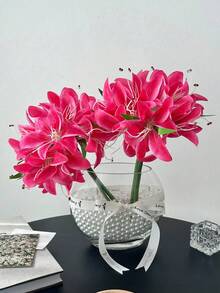 MEHELANY 12/1支粉色人造百合花，仿真花飾，適用於家居裝飾、花束、婚禮新娘禮物、生日派對用品、桌面裝飾、庭院裝飾、婚禮裝飾、手捧花，秋季感恩節豐收季節房間裝飾，人造百合花（易壓縮，可恢復） - 玫紅色 - 查看 2