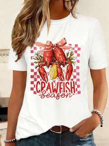 Women's Casual Vacation Streetwear Beach Plaid Lemon Lobster Bow Leaf Letter Print T-Shirt, Brunch White - White - View 4