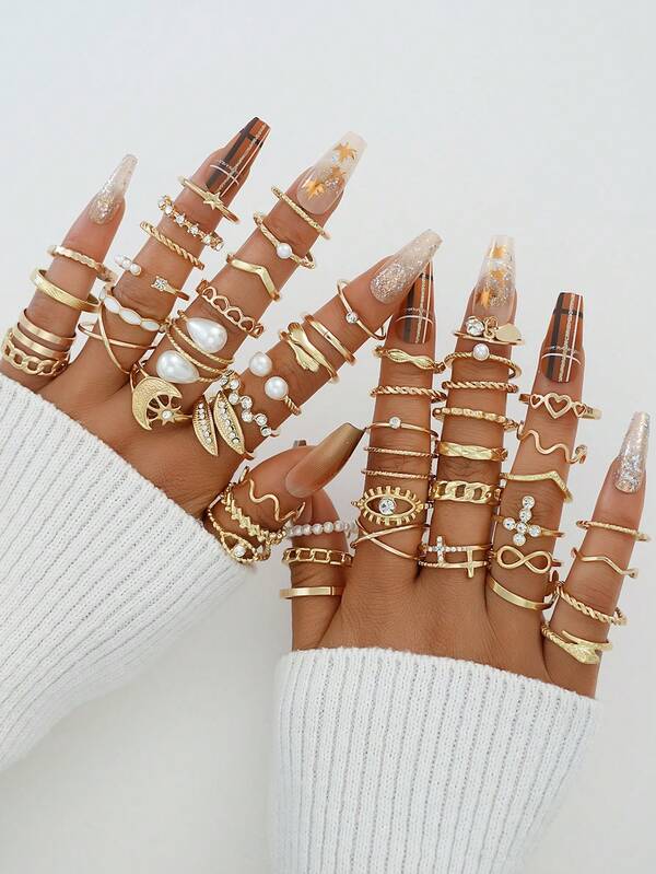 17KM 51pcs Simple Fashionable Vintage Pearl Star Moon Heart 8-Shaped Crystal Geometric Irregular Ring Set, Suitable For Women, Couples, Sisters, Vacation, Dating, Daily Casual, Wedding, Gift For Mom, Sisters