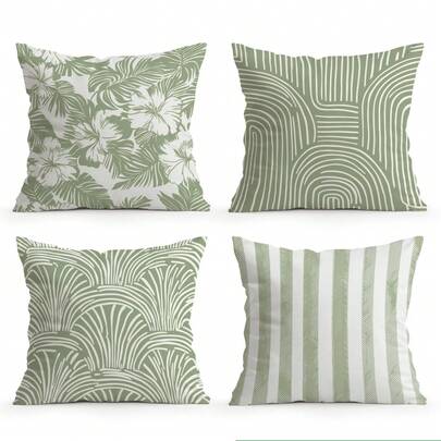 4件套绿色花卉几何线条图案抱枕套，单面印花，适用于客厅、卧室、家居装饰，四季皆宜