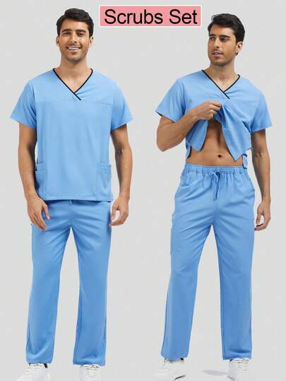 Men's Scrub Set, Including V-Neck Top And Sweatpants, Suitable For Doctors, Nurses, Clinical Workwear, Dental Clinics, Etc.