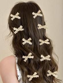 10个装女士可爱米色蕾丝蝴蝶结发夹，小巧发卡，迷你鳄鱼夹刘海夹，百搭优雅侧边发饰，适合日常佩戴，爪夹，发爪，发夹，发卡，鳄鱼夹，秋季时尚，秋冬女装，蝴蝶结，头饰 - 彩色 - 查看 8