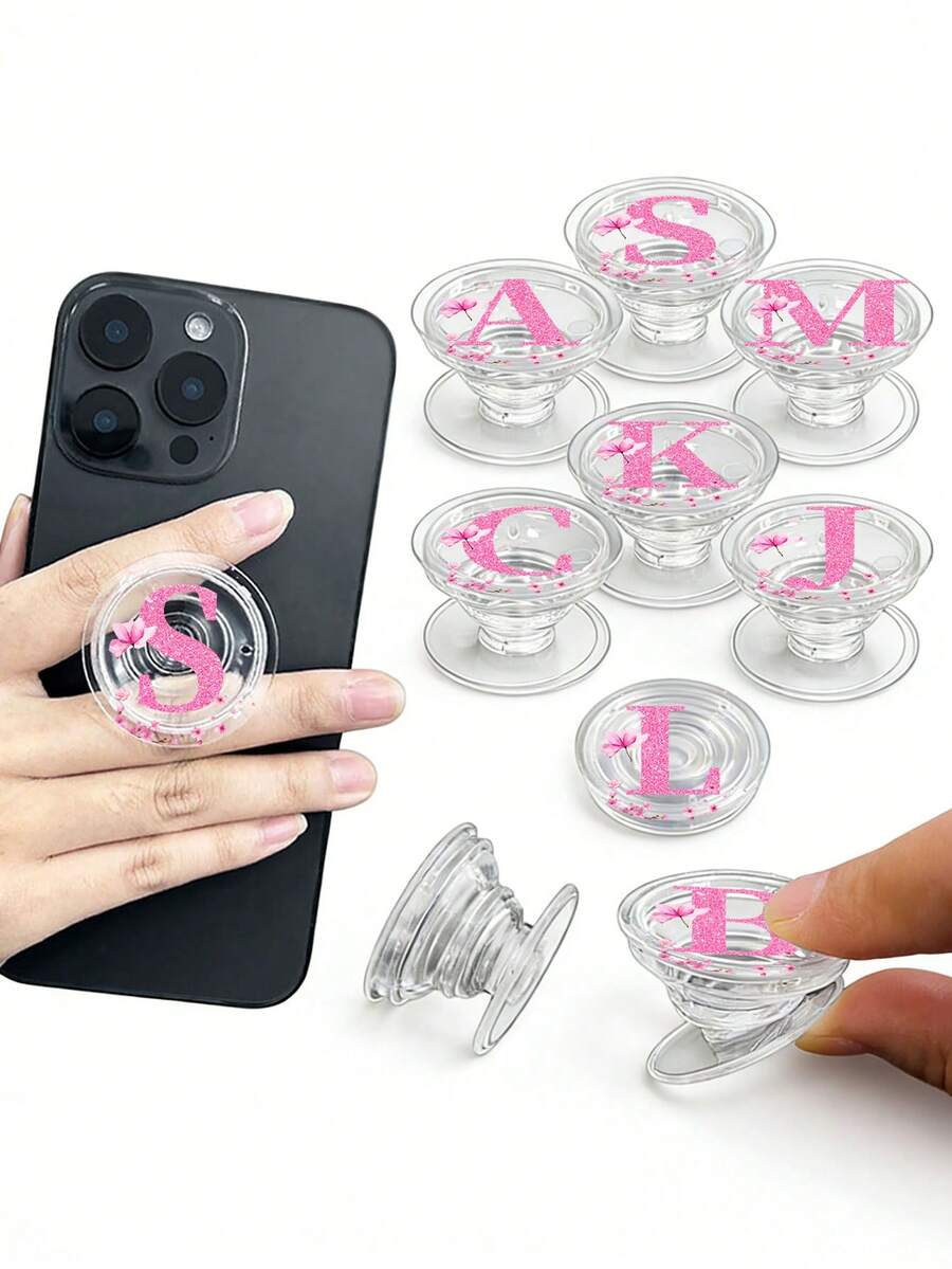 婚礼季花朵字母手机支架，透明可折叠伸缩手柄，通用智能手机支架兼手柄，时尚现代手机配件 - 彩色 - 查看 1