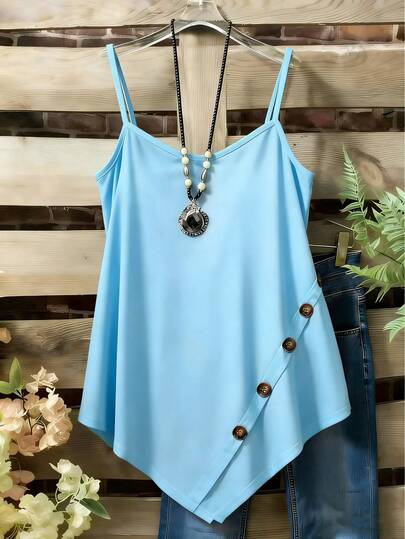 Plus Size Women Solid Color Asymmetrical Hem Side Button Decor Camisole Top Casual Summer