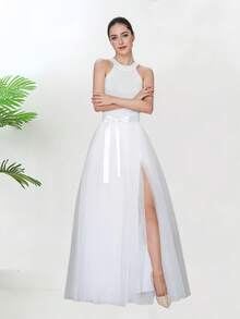 1 pieza Falda larga negra para mujer, falda de estilo gótico con abertura lateral blanca/roja para actuación en escenario, falda con lazo en la cintura, falda con superposición transparente, falda interior de malla de 150 cm de largo, linda minifalda - Multicolor - Ver 11