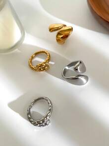 1 Set Stainless Steel Water Drop Criss-Cross Volcano Crater Unique Versatile Waterproof Fade-Resistant Fashion Ring Set For Women - Silver - View 5